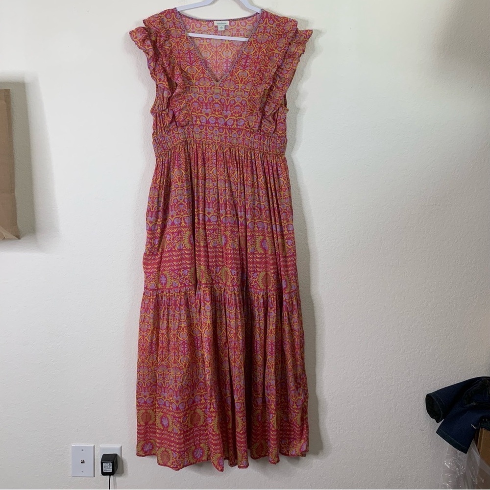Sundance Mystical Mosaic floral ruffled sleeve Vneck tiered maxi dress L